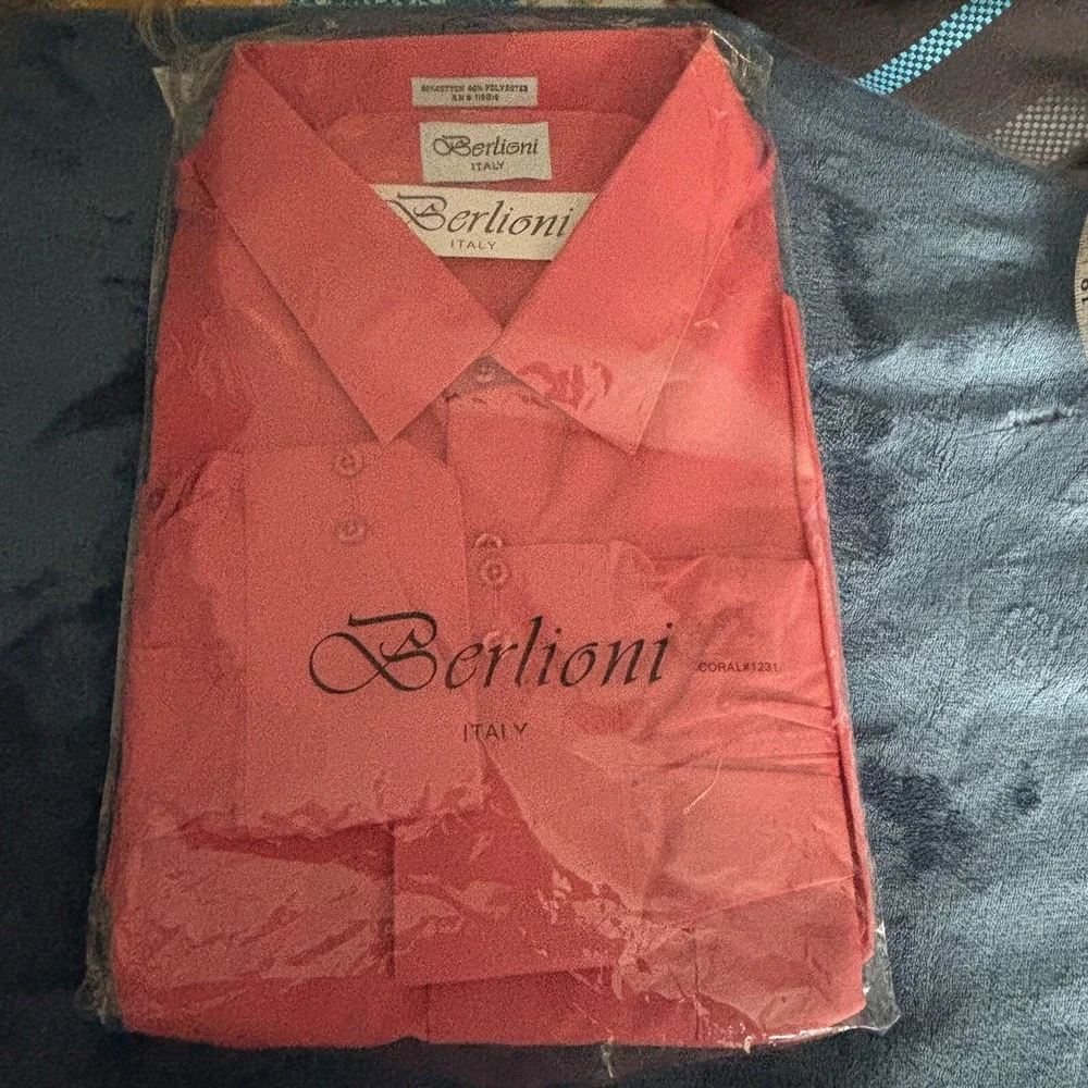 Berlioni‎ Italy Men's Size 5XL 21/21.5 French Convertible Cuff Coral Dress Shirt